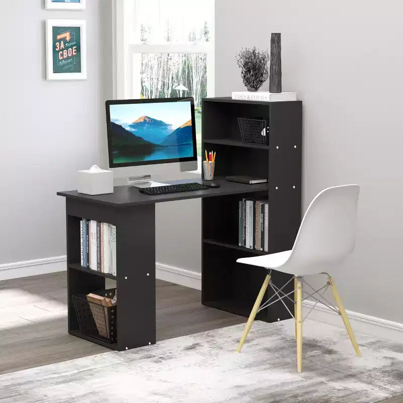 Bureau d'ordinateur avec étagères de rangement à 6 niveaux, poste de travail avec bibliothèque pour bureau à domicile