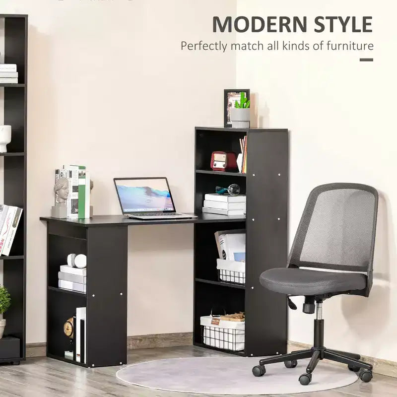 Bureau d'ordinateur avec étagères de rangement à 6 niveaux, poste de travail avec bibliothèque pour bureau à domicile