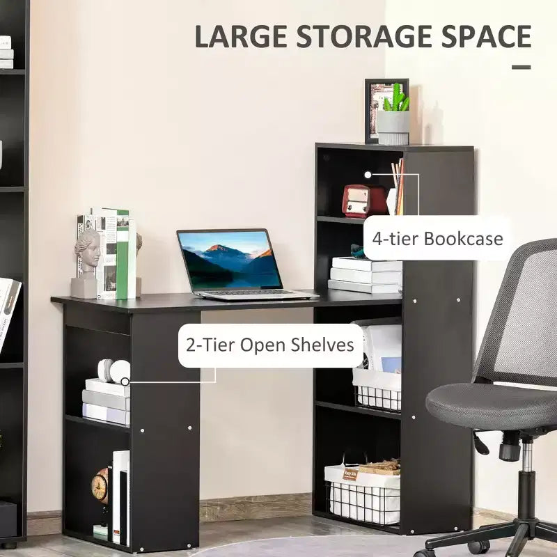 Bureau d'ordinateur avec étagères de rangement à 6 niveaux, poste de travail avec bibliothèque pour bureau à domicile