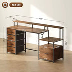 Bureau d'ordinateur avec prises de courant et lumières LED, table d'ordinateur de 67 pouces avec classeur et tiroirs en tissu
