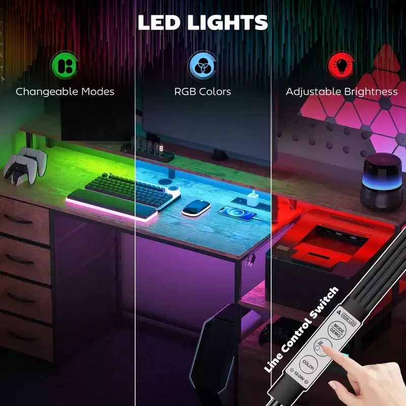 Bureau d'ordinateur avec prises de courant et lumières LED, table d'ordinateur de 67 pouces avec classeur et tiroirs en tissu