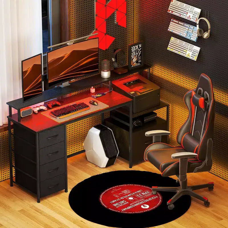 Bureau d'ordinateur avec prises de courant et lumières LED, table d'ordinateur de 67 pouces avec classeur et tiroirs en tissu