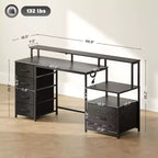 Bureau d'ordinateur avec prises de courant et lumières LED, table d'ordinateur de 67 pouces avec classeur et tiroirs en tissu