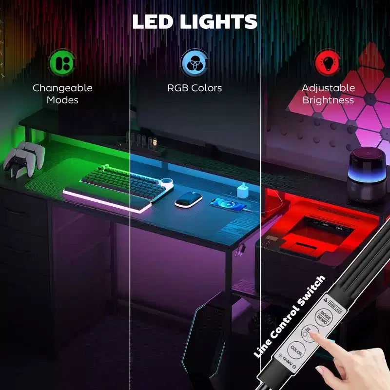 Bureau d'ordinateur avec prises de courant et lumières LED, table d'ordinateur de 67 pouces avec classeur et tiroirs en tissu