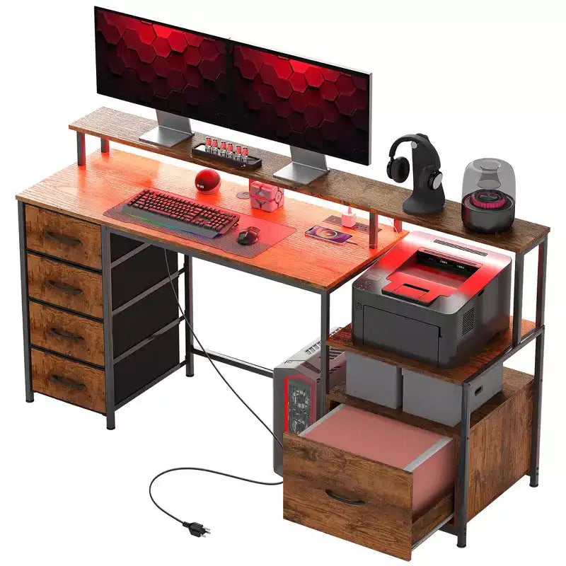 Bureau d'ordinateur avec prises de courant et lumières LED, table d'ordinateur de 67 pouces avec classeur et tiroirs en tissu