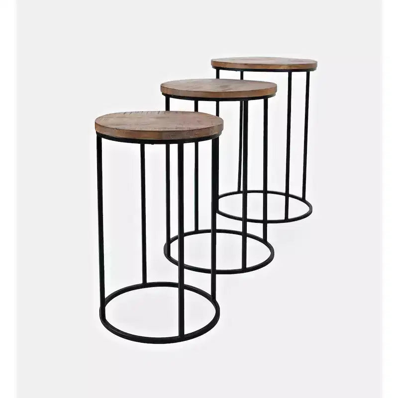 Jofran, Tables gigognes modernes et rustiques rondes en bois massif et métal - Lot de 3