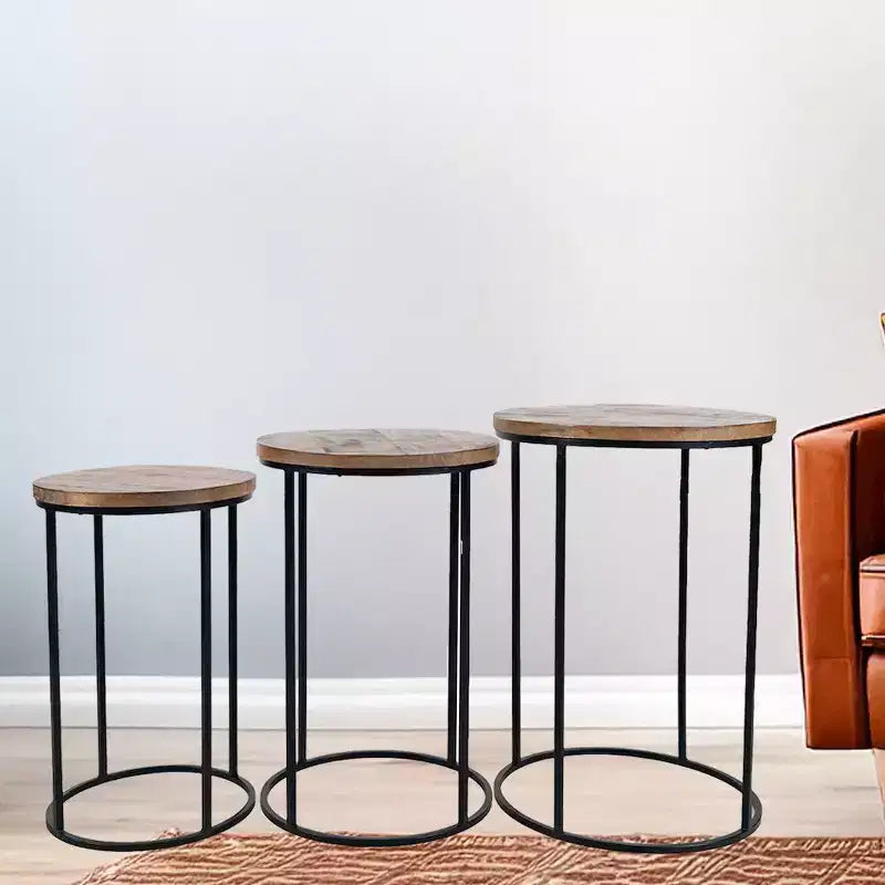 Jofran, Tables gigognes modernes et rustiques rondes en bois massif et métal - Lot de 3