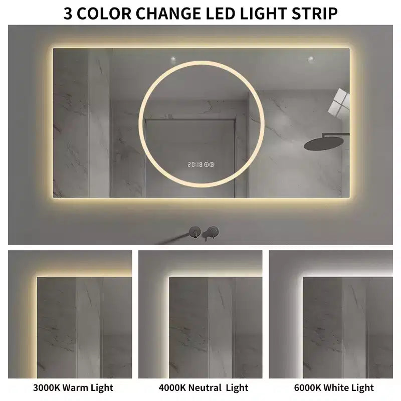 Miroir de courtoisie mural de 48 x 24 pouces avec 3 couleurs et 6 niveaux de luminosité à intensité variable, anti-buée