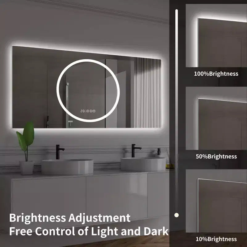 Miroir de courtoisie mural de 48 x 24 pouces avec 3 couleurs et 6 niveaux de luminosité à intensité variable, anti-buée
