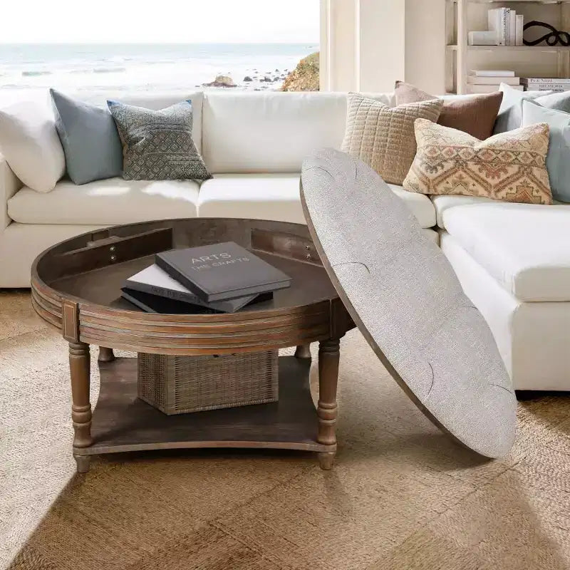 Table basse pouf capitonnée ronde de 80 cm de diamètre, plateau en lin capitonné avec étagère de rangement en bois, pour salon - Panipeachy