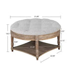 Table basse pouf capitonnée ronde de 80 cm de diamètre, plateau en lin capitonné avec étagère de rangement en bois, pour salon - Panipeachy
