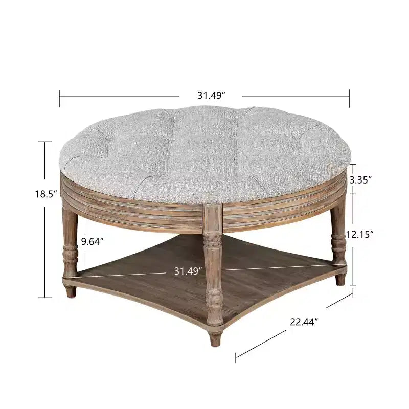 Table basse pouf capitonnée ronde de 80 cm de diamètre, plateau en lin capitonné avec étagère de rangement en bois, pour salon - Panipeachy