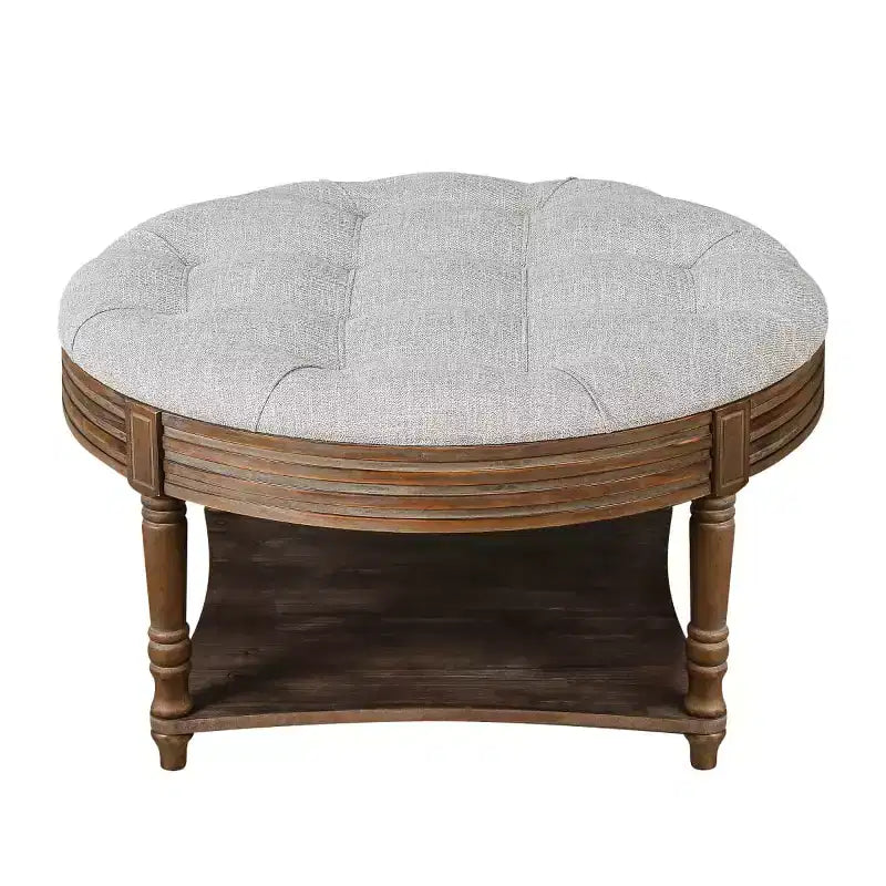 Table basse pouf capitonnée ronde de 80 cm de diamètre, plateau en lin capitonné avec étagère de rangement en bois, pour salon - Panipeachy