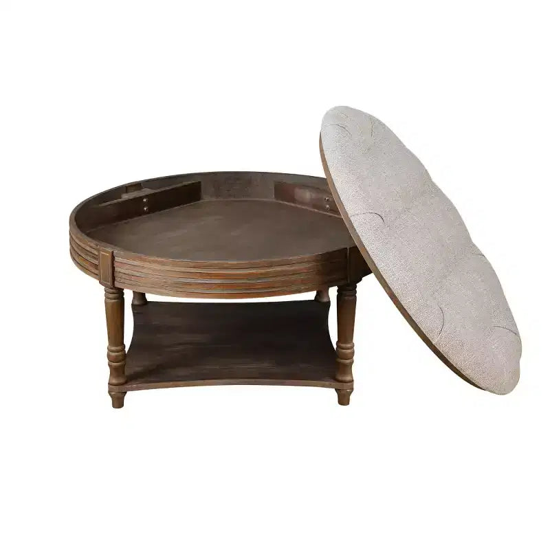 Table basse pouf capitonnée ronde de 80 cm de diamètre, plateau en lin capitonné avec étagère de rangement en bois, pour salon - Panipeachy