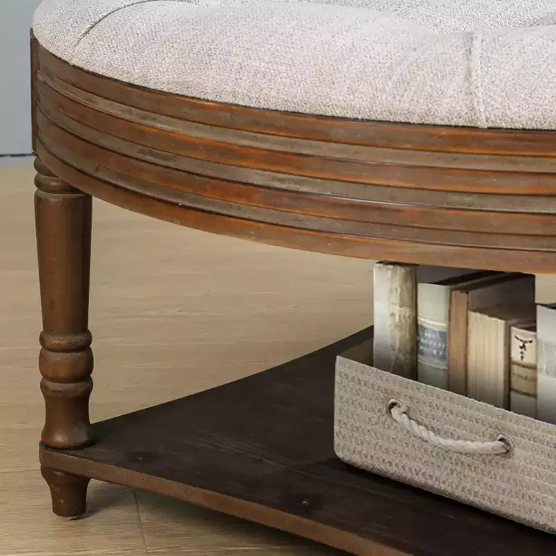 Table basse pouf capitonnée ronde de 80 cm de diamètre, plateau en lin capitonné avec étagère de rangement en bois, pour salon - Panipeachy