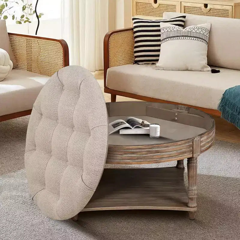 Table basse pouf capitonnée ronde de 80 cm de diamètre, plateau en lin capitonné avec étagère de rangement en bois, pour salon - Panipeachy