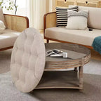 Table basse pouf capitonnée ronde de 80 cm de diamètre, plateau en lin capitonné avec étagère de rangement en bois, pour salon - Panipeachy