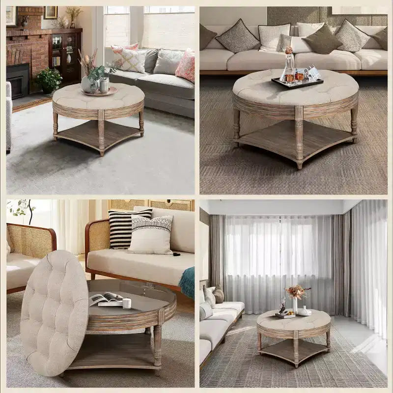 Table basse pouf capitonnée ronde de 80 cm de diamètre, plateau en lin capitonné avec étagère de rangement en bois, pour salon - Panipeachy
