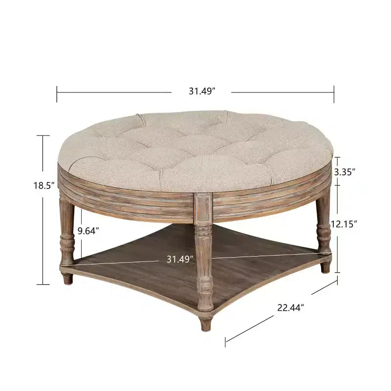 Table basse pouf capitonnée ronde de 80 cm de diamètre, plateau en lin capitonné avec étagère de rangement en bois, pour salon - Panipeachy