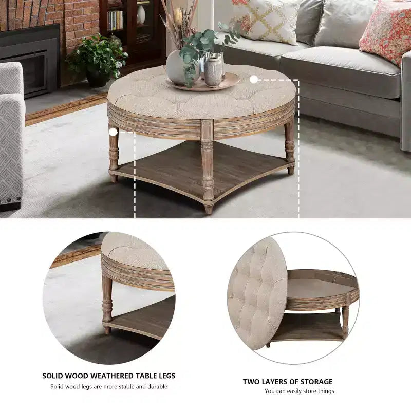 Table basse pouf capitonnée ronde de 80 cm de diamètre, plateau en lin capitonné avec étagère de rangement en bois, pour salon - Panipeachy