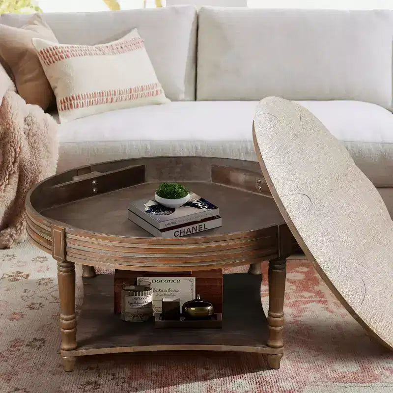 Table basse pouf capitonnée ronde de 80 cm de diamètre, plateau en lin capitonné avec étagère de rangement en bois, pour salon - Panipeachy
