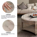 Table basse pouf capitonnée ronde de 80 cm de diamètre, plateau en lin capitonné avec étagère de rangement en bois, pour salon - Panipeachy