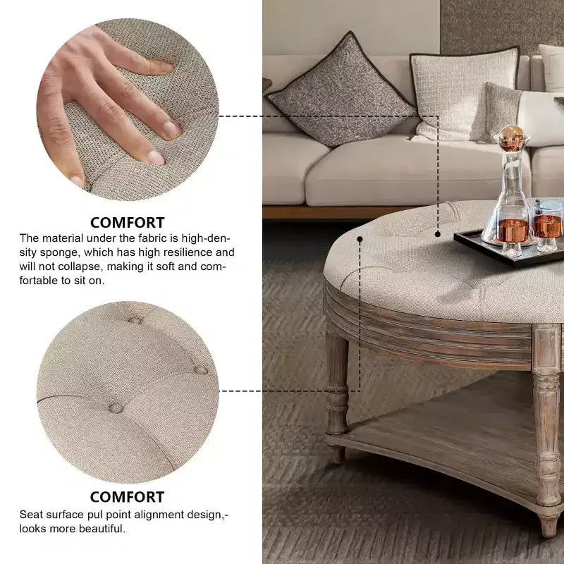 Table basse pouf capitonnée ronde de 80 cm de diamètre, plateau en lin capitonné avec étagère de rangement en bois, pour salon - Panipeachy