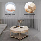 Table basse pouf capitonnée ronde de 80 cm de diamètre, plateau en lin capitonné avec étagère de rangement en bois, pour salon - Panipeachy