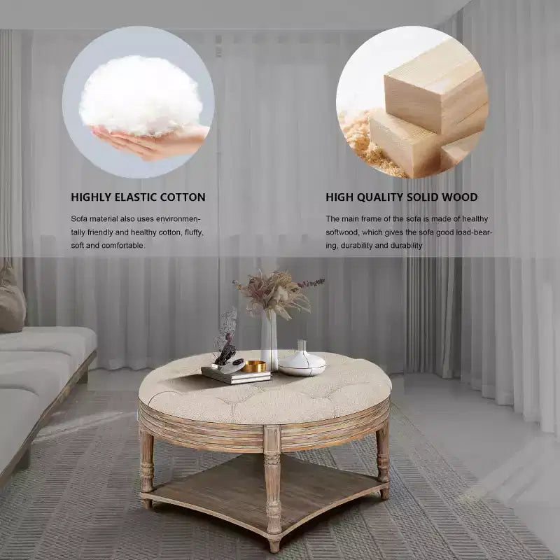Table basse pouf capitonnée ronde de 80 cm de diamètre, plateau en lin capitonné avec étagère de rangement en bois, pour salon - Panipeachy