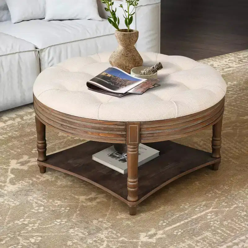 Table basse pouf capitonnée ronde de 80 cm de diamètre, plateau en lin capitonné avec étagère de rangement en bois, pour salon - Panipeachy