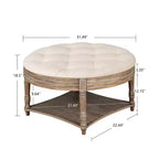 Table basse pouf capitonnée ronde de 80 cm de diamètre, plateau en lin capitonné avec étagère de rangement en bois, pour salon - Panipeachy