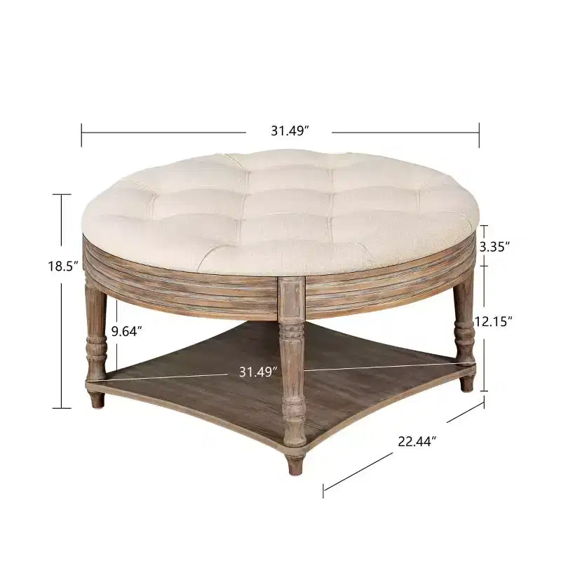Table basse pouf capitonnée ronde de 80 cm de diamètre, plateau en lin capitonné avec étagère de rangement en bois, pour salon - Panipeachy