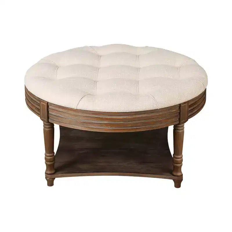 Table basse pouf capitonnée ronde de 80 cm de diamètre, plateau en lin capitonné avec étagère de rangement en bois, pour salon - Panipeachy
