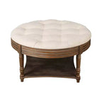 Table basse pouf capitonnée ronde de 80 cm de diamètre, plateau en lin capitonné avec étagère de rangement en bois, pour salon - Panipeachy