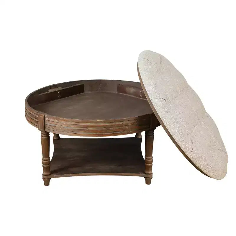 Table basse pouf capitonnée ronde de 80 cm de diamètre, plateau en lin capitonné avec étagère de rangement en bois, pour salon - Panipeachy