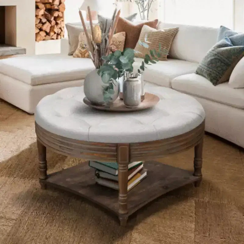 Table basse pouf capitonnée ronde de 80 cm de diamètre, plateau en lin capitonné avec étagère de rangement en bois, pour salon - Panipeachy