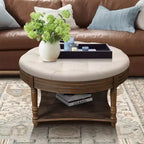 31.5 Round Upholstered Ottoman Coffee Table, Button Tufted Linen Top with Wooden Storage Shelf, for Living Room - Panipeachy