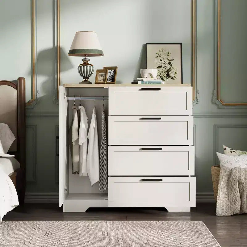 Armoire en bois avec 4 tiroirs et portes, penderie de chambre, rangement de vêtements, inclut une tringle à vêtements, convient aux chambres