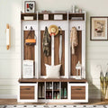Okak 5-In-1 Coat Rack with 7 Sturdy Hooks and 2 Spacious Drawers, Wide Hall Tree with Adjustable Shelves and Metal Handles for Hallway, Brown+White