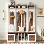 Okak 5-In-1 Coat Rack with 7 Sturdy Hooks and 2 Spacious Drawers, Wide Hall Tree with Adjustable Shelves and Metal Handles for Hallway, Brown+White