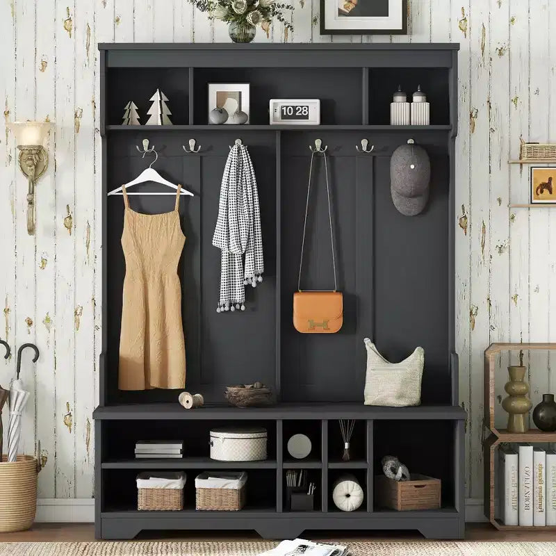 Okak Modern Hall Tree with 6 Metal Hooks and Ample Storage, Coat Rack with Shoe Cubbies and Bench, Coat Tree for Living Room, Entryway, Black