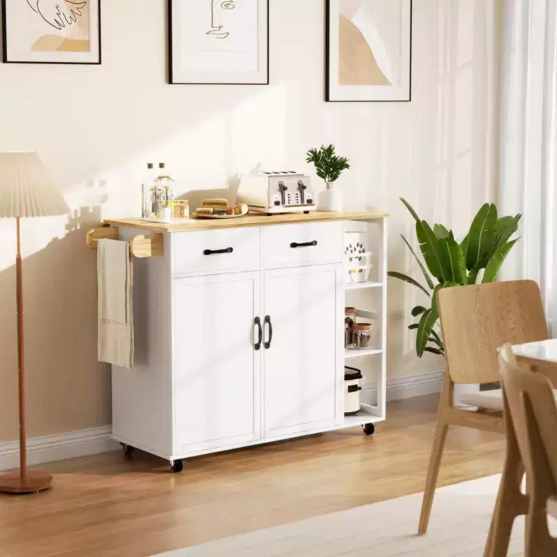 43 pouces Chariot de cuisine blanc sur roulettes avec table rabattable, tiroir de rangement et porte-serviettes, bar à petit-déjeuner mobile pour la cuisine et la salle à manger