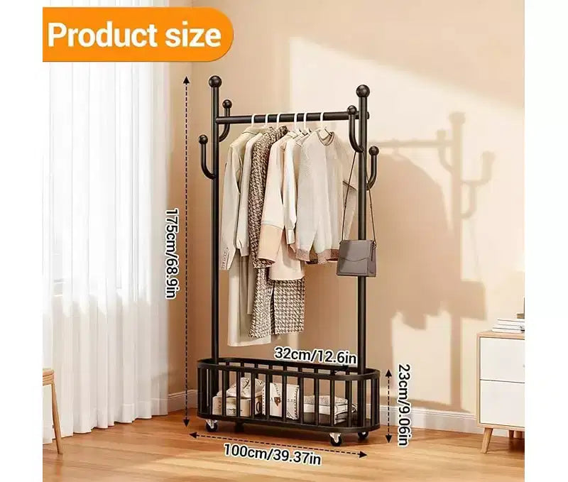 Portant à vêtements robuste et portable, Séchoir mobile sur roulettes avec étagère de rangement, Tringle à vêtements métallique pour suspendre les vêtements, pour chambre à coucher, buanderie
