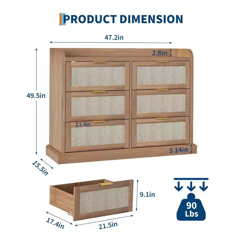 Commode à 6 tiroirs en tissu robuste - Solution de rangement de bureau avec tubes de support en métal et plastique pour chambre à coucher, dortoir, entrée et organisation