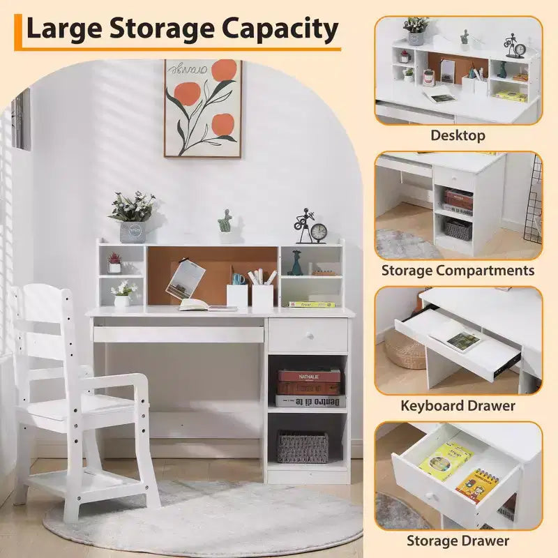 Bureau et chaise d'étude réglables pour enfants avec huche, tableau en liège, support de clavier et 2 porte-stylos – Table d'apprentissage scolaire pour enfants