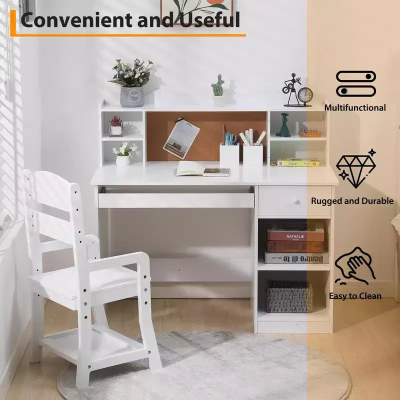 Bureau et chaise d'étude réglables pour enfants avec huche, tableau en liège, support de clavier et 2 porte-stylos – Table d'apprentissage scolaire pour enfants
