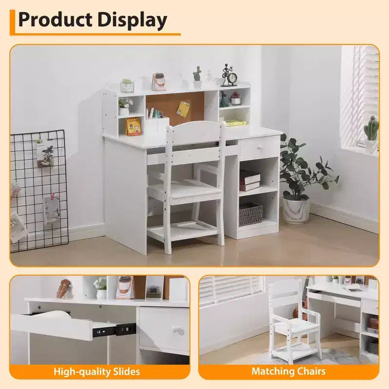 Bureau et chaise d'étude réglables pour enfants avec huche, tableau en liège, support de clavier et 2 porte-stylos – Table d'apprentissage scolaire pour enfants
