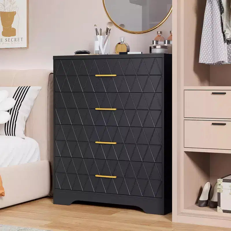 Commode en bois pour chambre à coucher avec 4 tiroirs, commode haute moderne, commode large avec poignées dorées, table de chevet commode, armoire de rangement