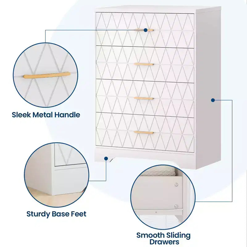 Commode en bois pour chambre à coucher avec 4 tiroirs, commode haute moderne, commode large avec poignées dorées, table de chevet commode, armoire de rangement