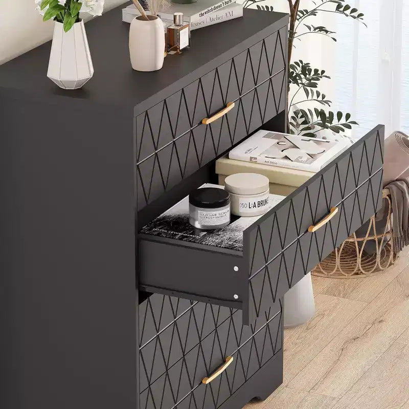 Commode en bois pour chambre à coucher avec 4 tiroirs, commode haute moderne, commode large avec poignées dorées, table de chevet commode, armoire de rangement